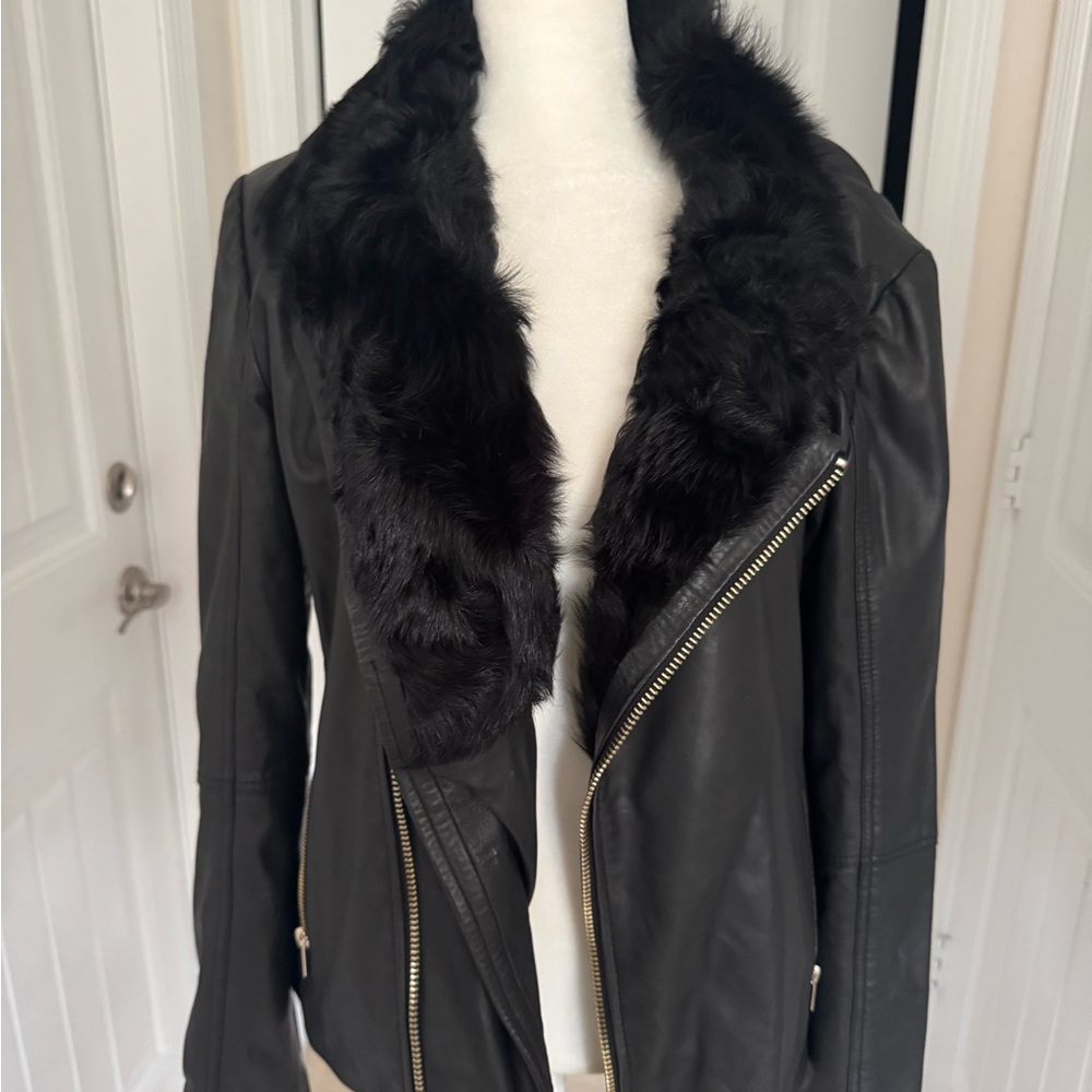Badgley Mischka Black Leather Jacket with Faux Fur Collar